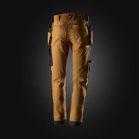 Brown work pants with black accents on a dark background