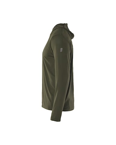 Side view of Blaklader 3516 lightweight work hoodie showing the woven brand label and flexible stretch fit.