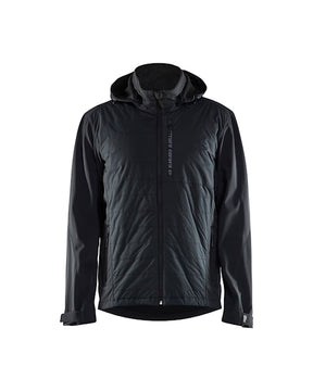 Front view of the Blaklader 4742 Hybrid Soft Shell Jacket featuring an insulated core, zippered chest pocket, and removable hood.