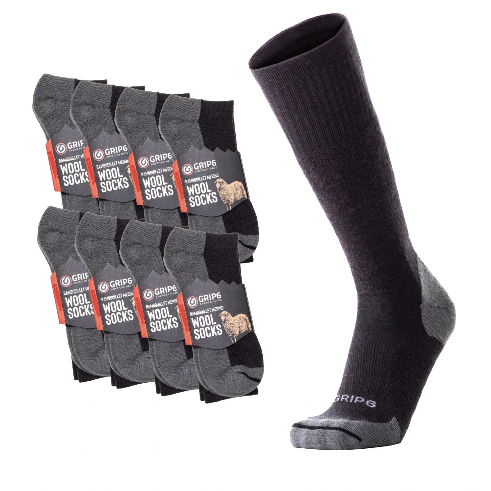Grip6 Highline Merino Boot Sock - Black - 8 pack - Trusted Gear Company LLC