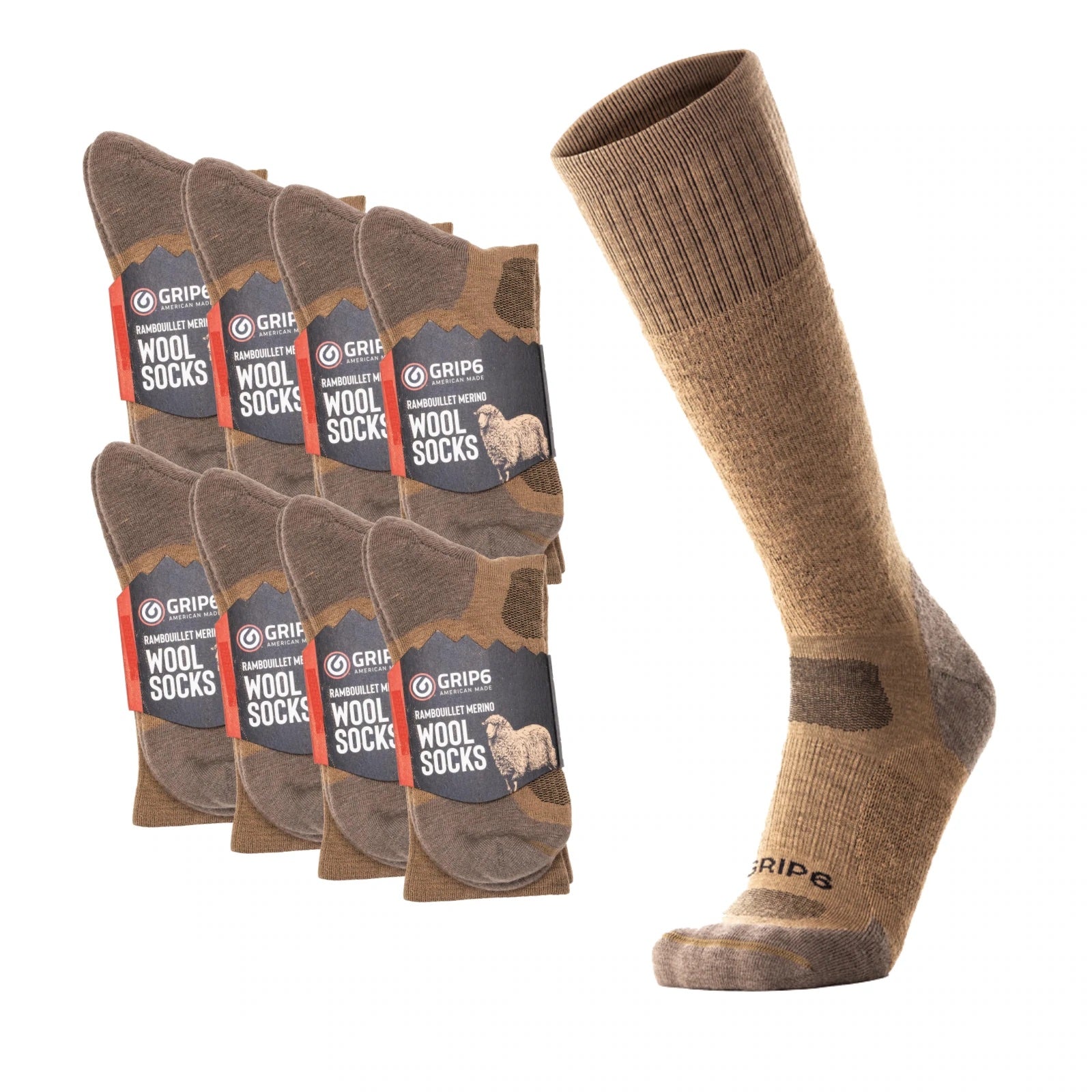Grip6 Highline Merino Boot Sock - Coyote - 8 pack - Trusted Gear Company LLC